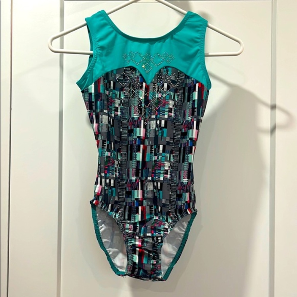NWT United All Around Teal Gymnastics Leotard Crystal Bling Multicolor Pattern